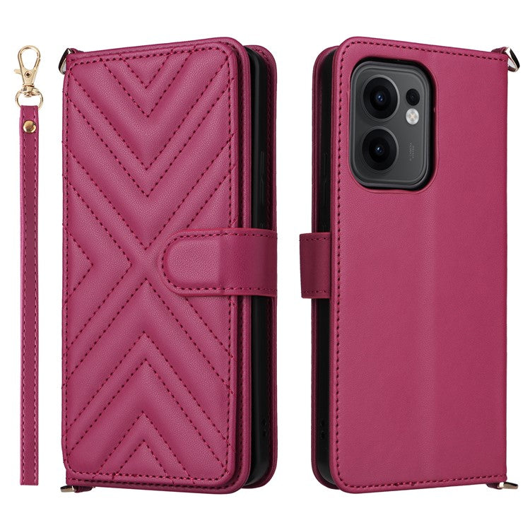 For Oppo Reno13 F 5G / 4G Wallet Case with Shoulder / Wrist Strap Leather Phone Cover Stand - Rose