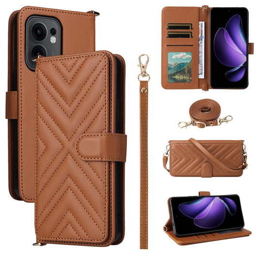 For Oppo Reno13 F 5G / 4G Wallet Case with Shoulder / Wrist Strap Leather Phone Cover Stand - Brown