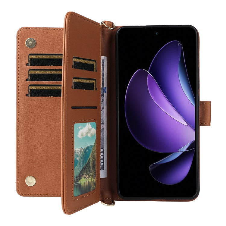For Oppo Reno13 F 5G / 4G Wallet Case with Shoulder / Wrist Strap Leather Phone Cover Stand - Brown