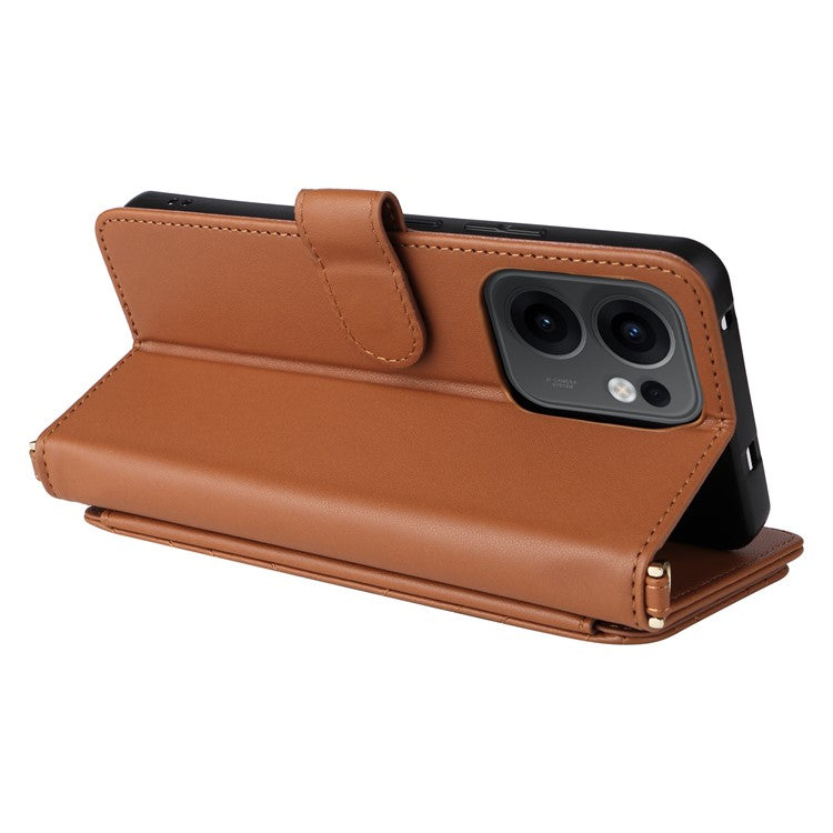 For Oppo Reno13 F 5G / 4G Wallet Case with Shoulder / Wrist Strap Leather Phone Cover Stand - Brown