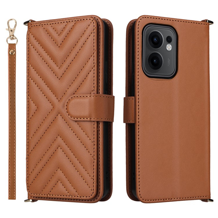 For Oppo Reno13 F 5G / 4G Wallet Case with Shoulder / Wrist Strap Leather Phone Cover Stand - Brown