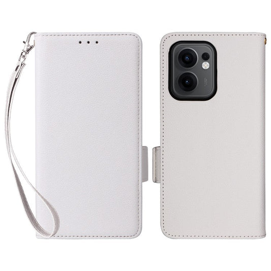 For Oppo Reno13 F 5G / 4G Case with Wrist Strap Litchi Texture PU Leather Wallet Phone Cover - White