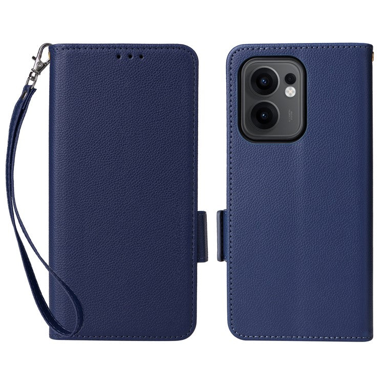 For Oppo Reno13 F 5G / 4G Case with Wrist Strap Litchi Texture PU Leather Wallet Phone Cover - Dark Blue