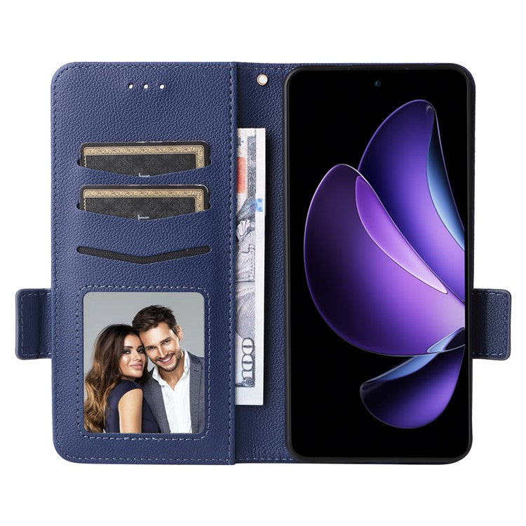 For Oppo Reno13 F 5G / 4G Case with Wrist Strap Litchi Texture PU Leather Wallet Phone Cover - Dark Blue