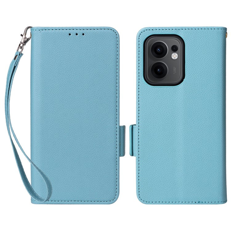 For Oppo Reno13 F 5G / 4G Case with Wrist Strap Litchi Texture PU Leather Wallet Phone Cover - Baby Blue