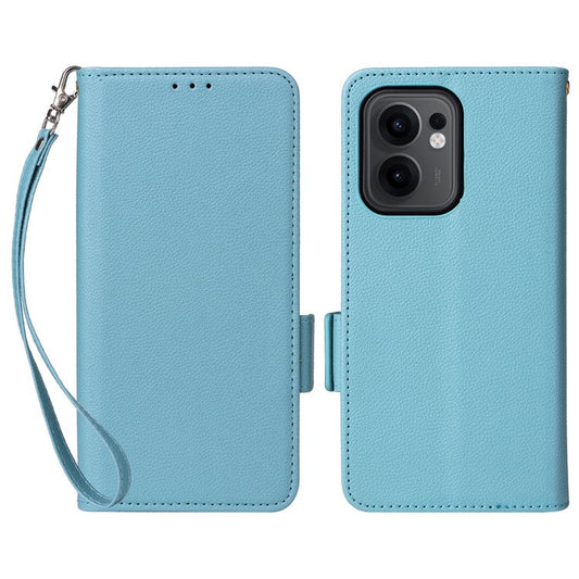For Oppo Reno13 F 5G / 4G Case with Wrist Strap Litchi Texture PU Leather Wallet Phone Cover - Baby Blue