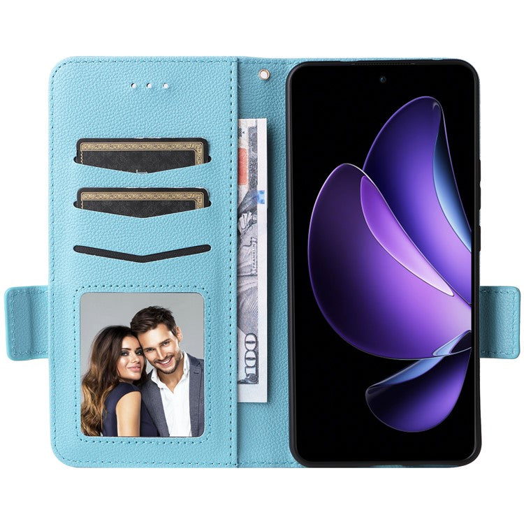 For Oppo Reno13 F 5G / 4G Case with Wrist Strap Litchi Texture PU Leather Wallet Phone Cover - Baby Blue
