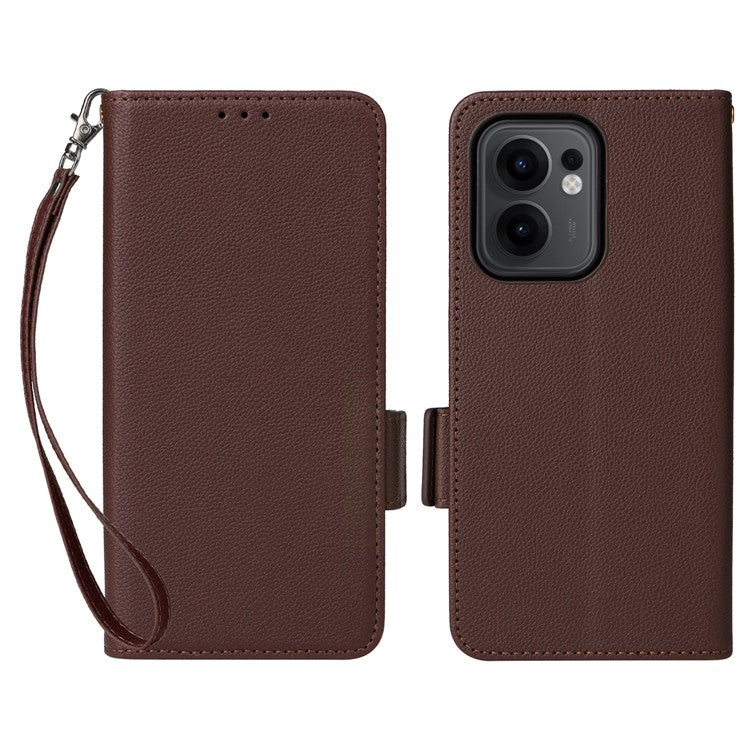For Oppo Reno13 F 5G / 4G Case with Wrist Strap Litchi Texture PU Leather Wallet Phone Cover - Brown