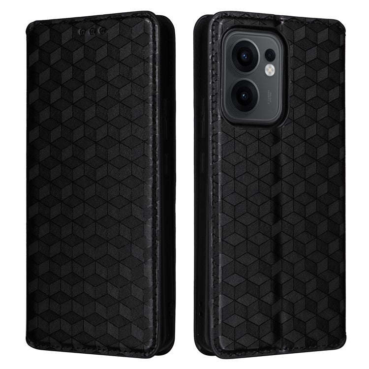 For Oppo Reno13 F 5G / 4G Wallet Case Rhombus Imprinted Leather Phone Cover - Black