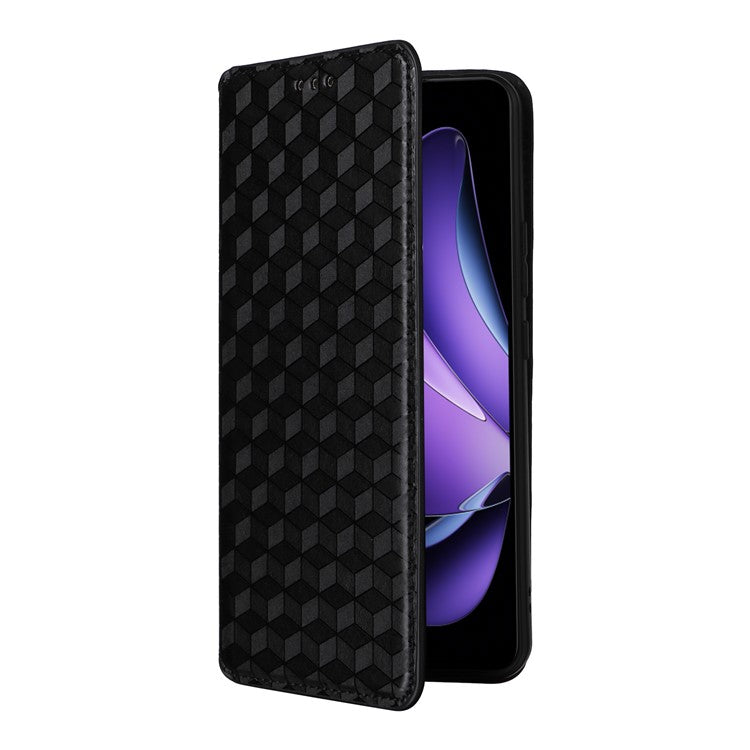 For Oppo Reno13 F 5G / 4G Wallet Case Rhombus Imprinted Leather Phone Cover - Black