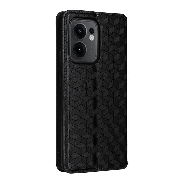 For Oppo Reno13 F 5G / 4G Wallet Case Rhombus Imprinted Leather Phone Cover - Black