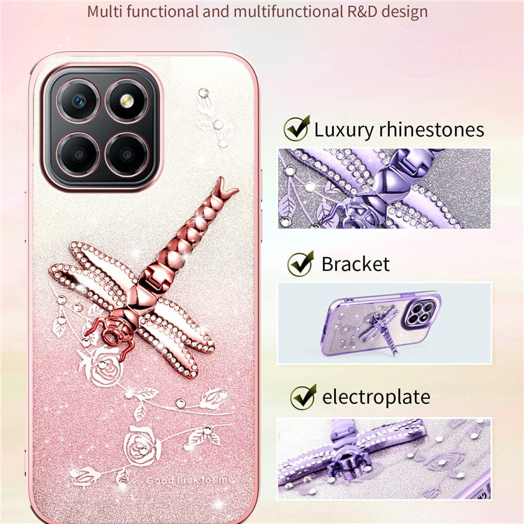 KADEM For Honor X8 5G Case Dragonfly Kickstand TPU Flowers Glitter Phone Cover - Blue