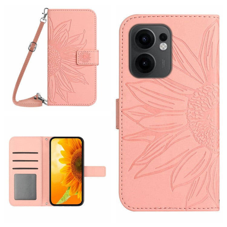 For Oppo Reno13 F 4G / 5G Case Sunflower Imprint PU Leather Phone Cover with Long Strap - Pink