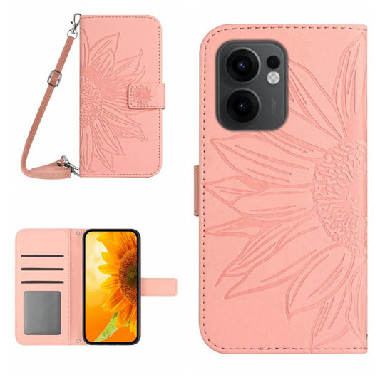 For Oppo Reno13 F 4G / 5G Case Sunflower Imprint PU Leather Phone Cover with Long Strap - Pink