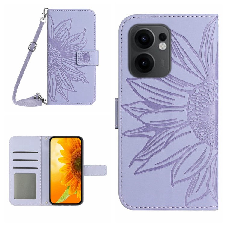 For Oppo Reno13 F 4G / 5G Case Sunflower Imprint PU Leather Phone Cover with Long Strap - Light Purple
