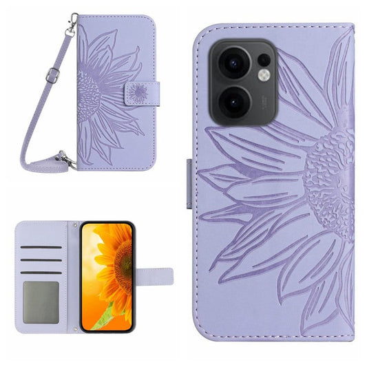For Oppo Reno13 F 4G / 5G Case Sunflower Imprint PU Leather Phone Cover with Long Strap - Light Purple