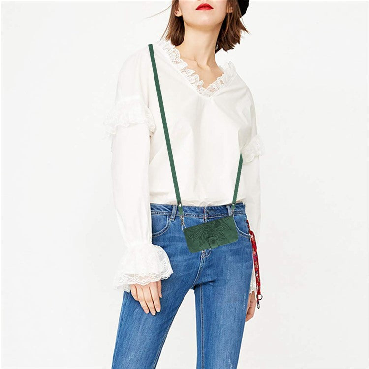 For Oppo Reno13 F 4G / 5G Case Sunflower Imprint PU Leather Phone Cover with Long Strap - Blackish Green