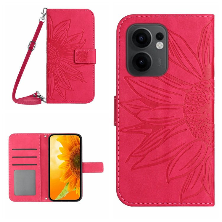 For Oppo Reno13 F 4G / 5G Case Sunflower Imprint PU Leather Phone Cover with Long Strap - Rose