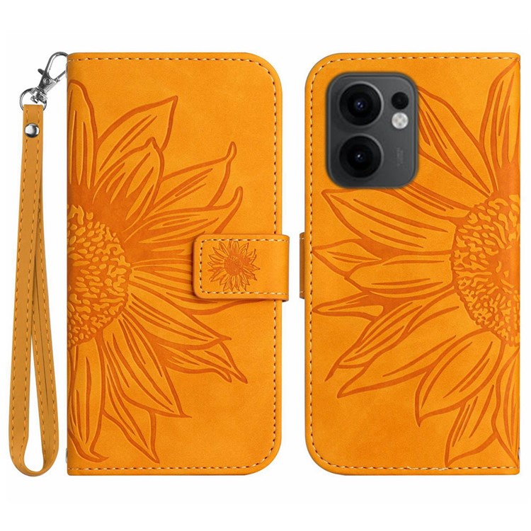 For Oppo Reno13 F 5G / 4G Case Sunflower Imprint Leather Wallet Phone Cover with Wrist Strap - Yellow