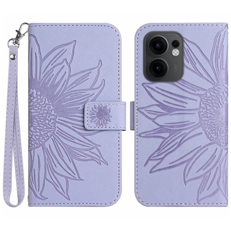 For Oppo Reno13 F 5G / 4G Case Sunflower Imprint Leather Wallet Phone Cover with Wrist Strap - Light Purple