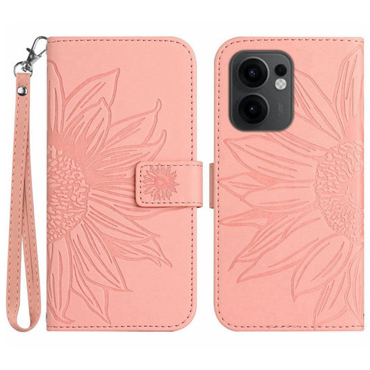 For Oppo Reno13 F 5G / 4G Case Sunflower Imprint Leather Wallet Phone Cover with Wrist Strap - Light Pink