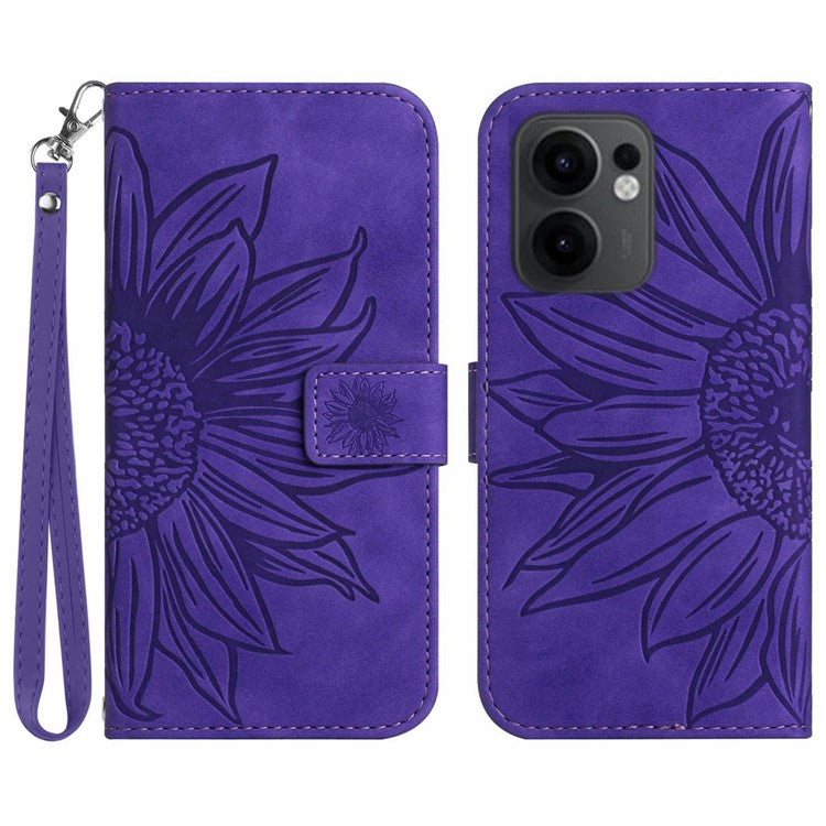 For Oppo Reno13 F 5G / 4G Case Sunflower Imprint Leather Wallet Phone Cover with Wrist Strap - Dark Purple