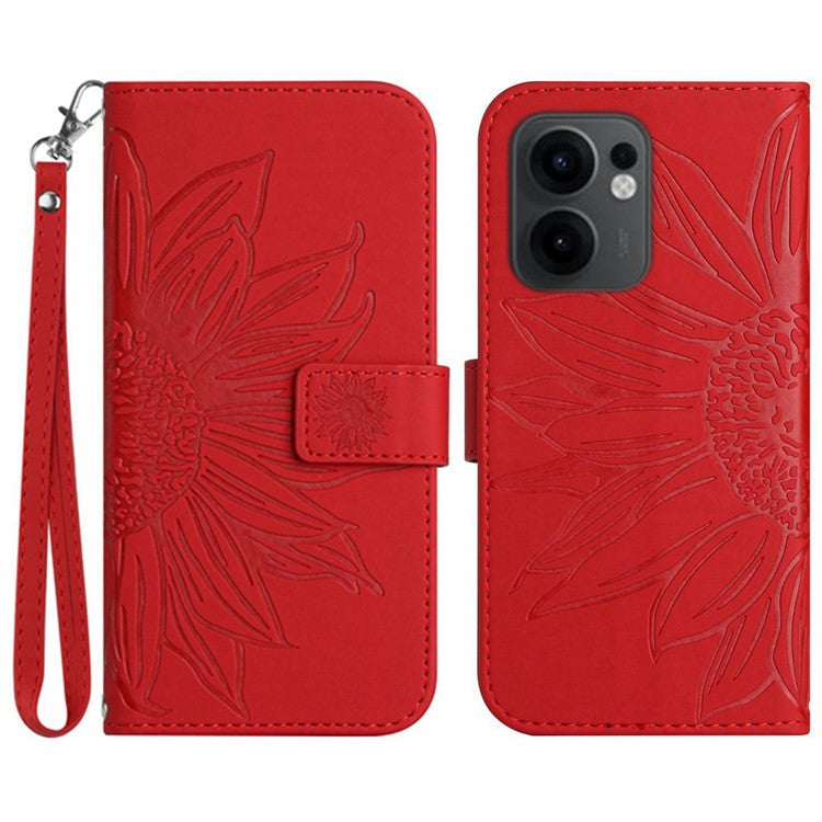 For Oppo Reno13 F 5G / 4G Case Sunflower Imprint Leather Wallet Phone Cover with Wrist Strap - Red