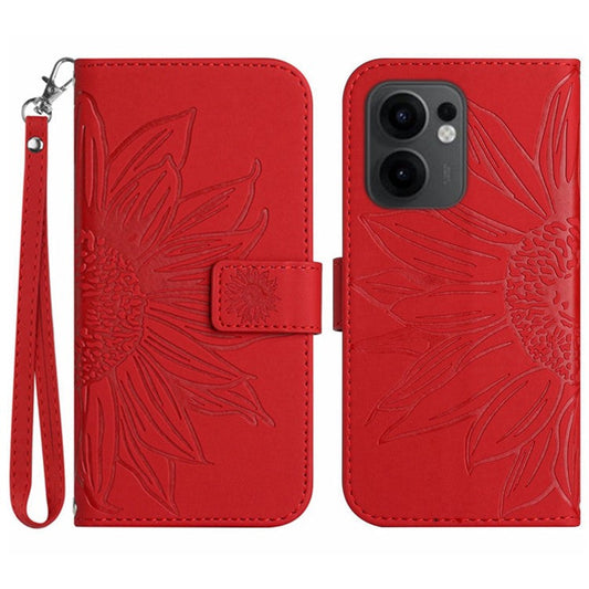 For Oppo Reno13 F 5G / 4G Case Sunflower Imprint Leather Wallet Phone Cover with Wrist Strap - Red