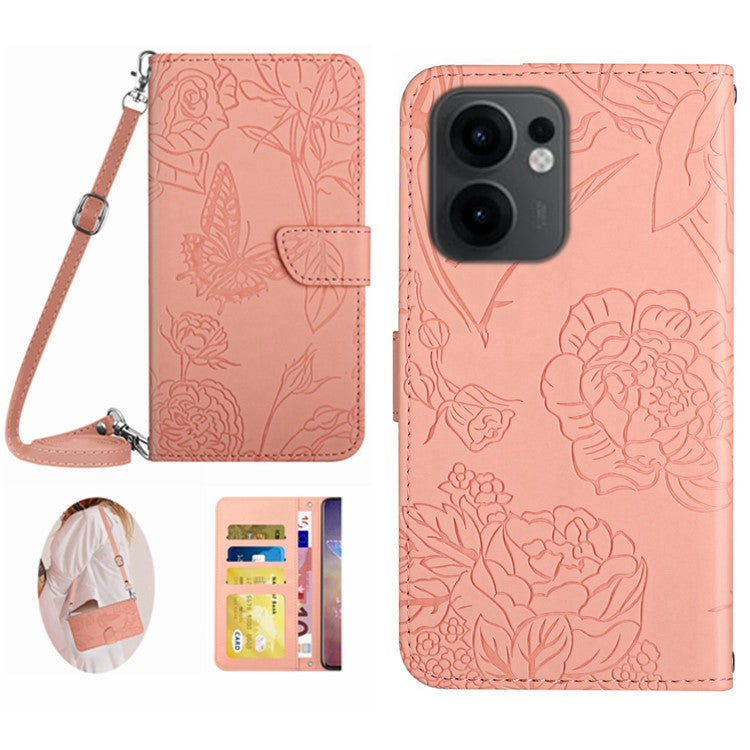 For Oppo Reno13 F 4G / 5G Case Butterfly Flower Imprint Leather Phone Cover with Shoulder Strap - Pink