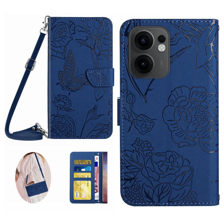 For Oppo Reno13 F 4G / 5G Case Butterfly Flower Imprint Leather Phone Cover with Shoulder Strap - Blue