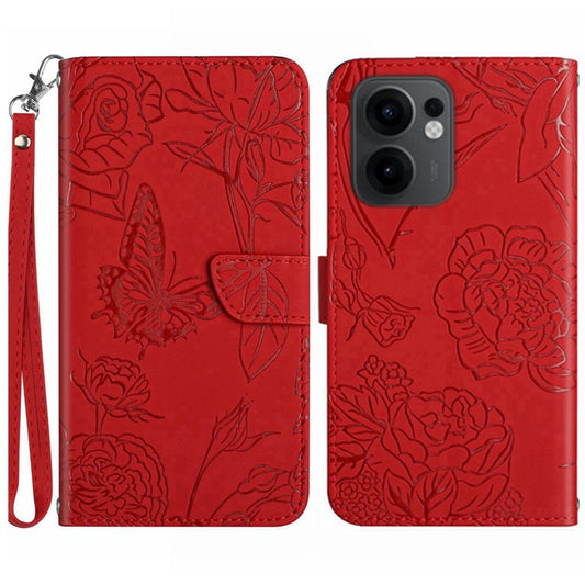 For Oppo Reno13 F 4G / 5G Case Butterfly Flower Imprinted Leather Phone Cover with Strap - Red