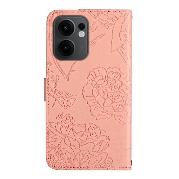For Oppo Reno13 F 4G / 5G Case Butterfly Flower Imprinted Leather Phone Cover with Strap - Pink