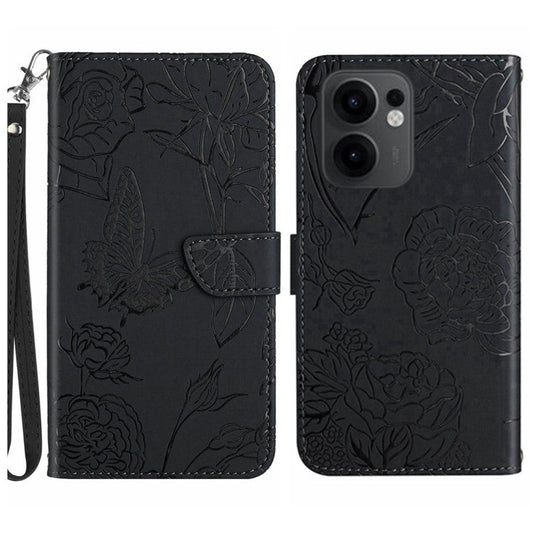For Oppo Reno13 F 4G / 5G Case Butterfly Flower Imprinted Leather Phone Cover with Strap - Black