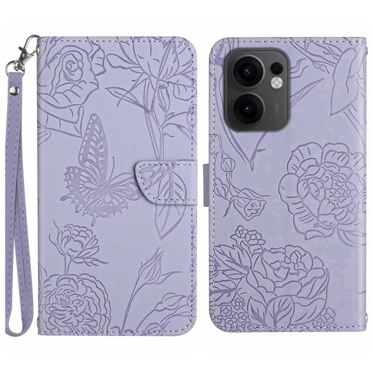 For Oppo Reno13 F 4G / 5G Case Butterfly Flower Imprinted Leather Phone Cover with Strap - Purple