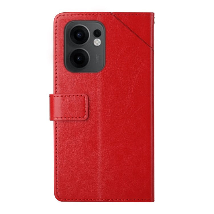 For Oppo Reno13 F 5G / 4G Case with Wrist Strap Y Shaped Lines Imprint Leather Phone Cover - Red
