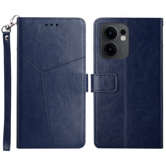 For Oppo Reno13 F 5G / 4G Case with Wrist Strap Y Shaped Lines Imprint Leather Phone Cover - Blue