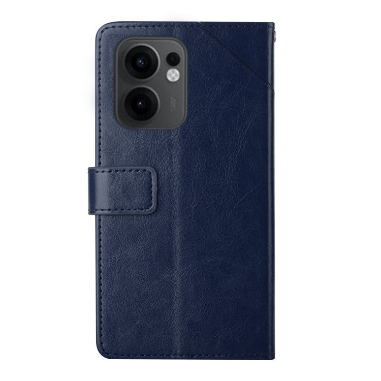 For Oppo Reno13 F 5G / 4G Case with Wrist Strap Y Shaped Lines Imprint Leather Phone Cover - Blue