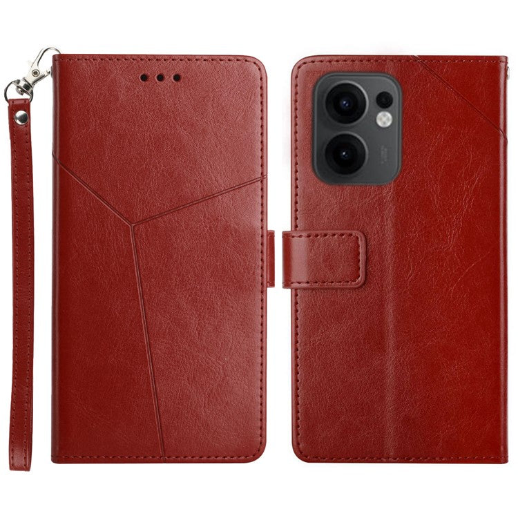 For Oppo Reno13 F 5G / 4G Case with Wrist Strap Y Shaped Lines Imprint Leather Phone Cover - Brown