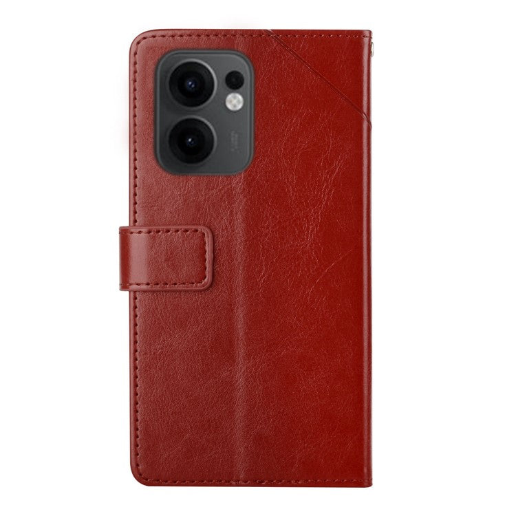 For Oppo Reno13 F 5G / 4G Case with Wrist Strap Y Shaped Lines Imprint Leather Phone Cover - Brown