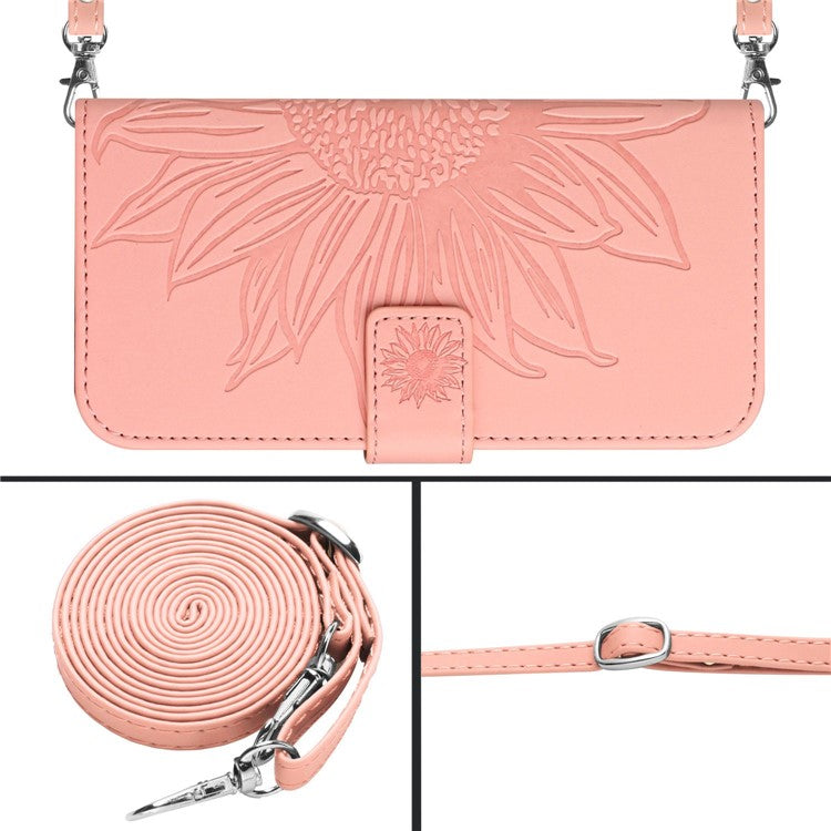 For Oppo Reno13 5G (Global) Case Sunflower Imprint PU Leather Phone Cover with Long Strap - Light Pink
