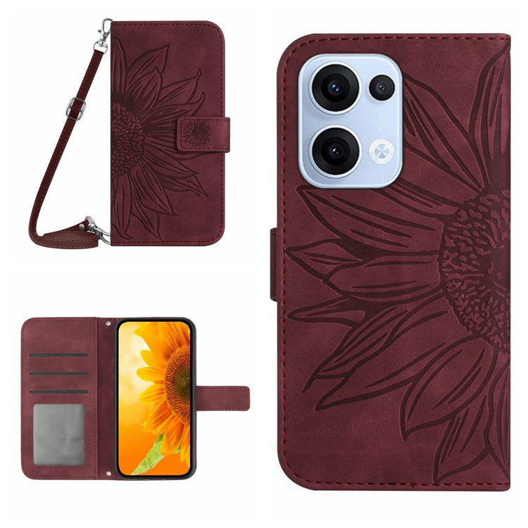 For Oppo Reno13 5G (Global) Case Sunflower Imprint PU Leather Phone Cover with Long Strap - Wine Red