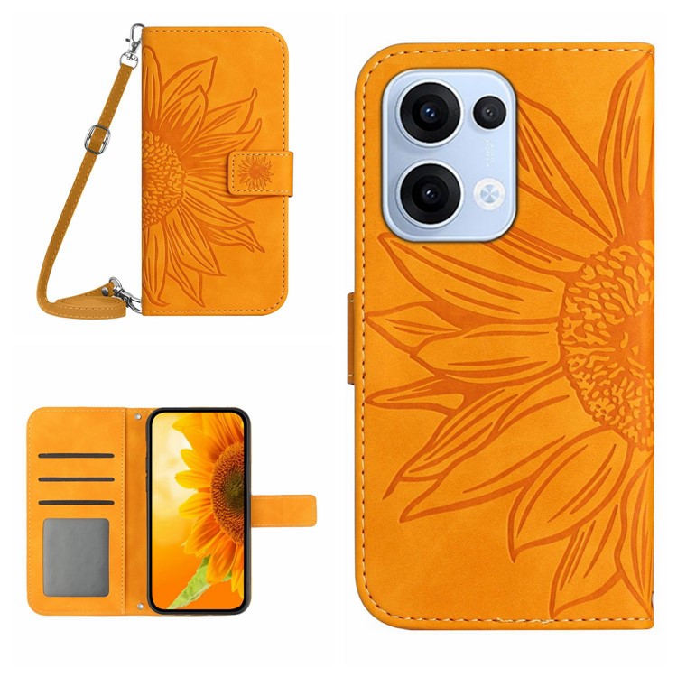 For Oppo Reno13 5G (Global) Case Sunflower Imprint PU Leather Phone Cover with Long Strap - Yellow
