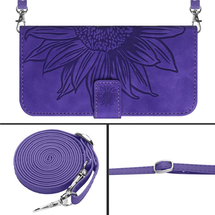 For Oppo Reno13 5G (Global) Case Sunflower Imprint PU Leather Phone Cover with Long Strap - Dark Purple