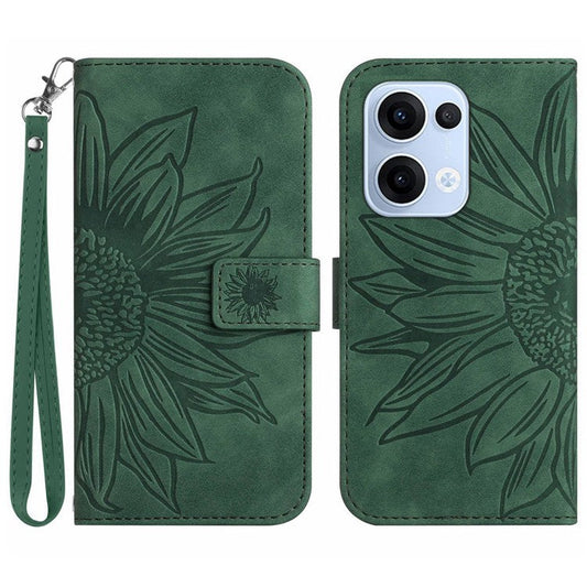 For Oppo Reno13 5G (Global) Case Sunflower Imprint Leather Wallet Phone Cover with Wrist Strap - Dark Green