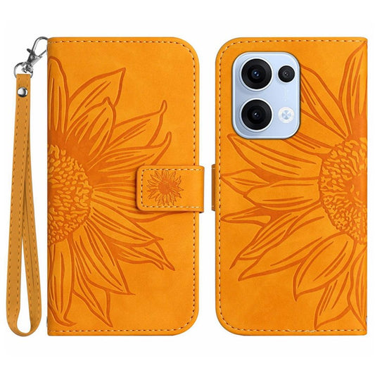 For Oppo Reno13 5G (Global) Case Sunflower Imprint Leather Wallet Phone Cover with Wrist Strap - Yellow
