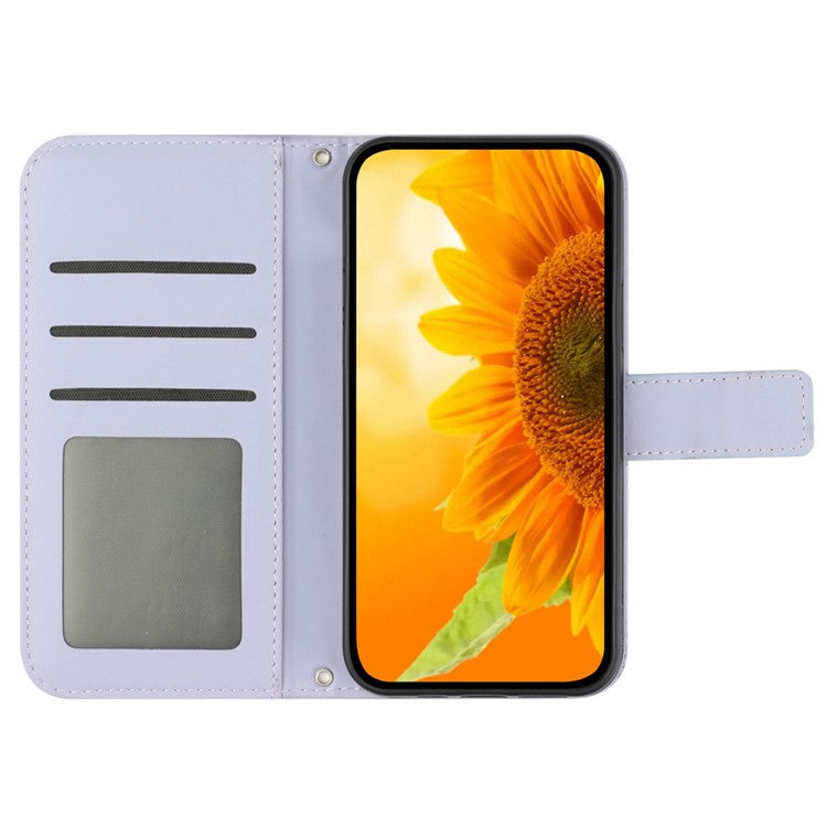 For Oppo Reno13 5G (Global) Case Sunflower Imprint Leather Wallet Phone Cover with Wrist Strap - Light Purple
