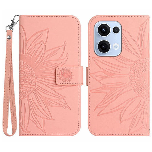 For Oppo Reno13 5G (Global) Case Sunflower Imprint Leather Wallet Phone Cover with Wrist Strap - Light Pink
