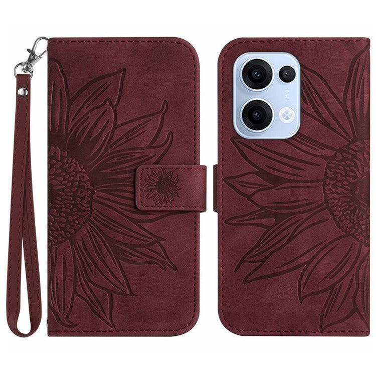 For Oppo Reno13 5G (Global) Case Sunflower Imprint Leather Wallet Phone Cover with Wrist Strap - Wine Red