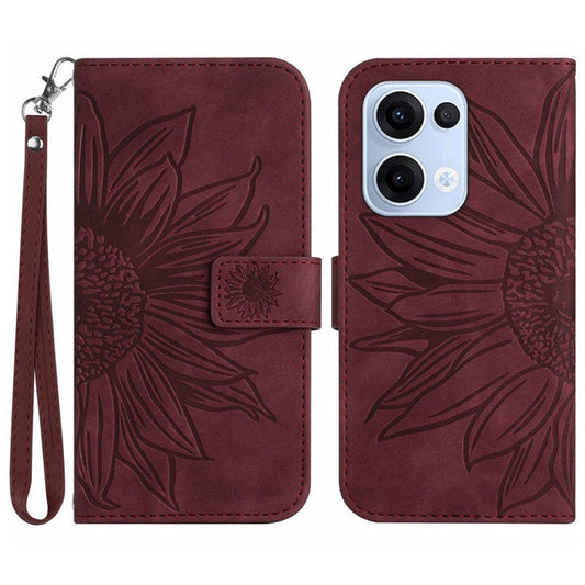 For Oppo Reno13 5G (Global) Case Sunflower Imprint Leather Wallet Phone Cover with Wrist Strap - Wine Red