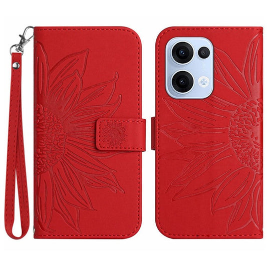 For Oppo Reno13 5G (Global) Case Sunflower Imprint Leather Wallet Phone Cover with Wrist Strap - Red